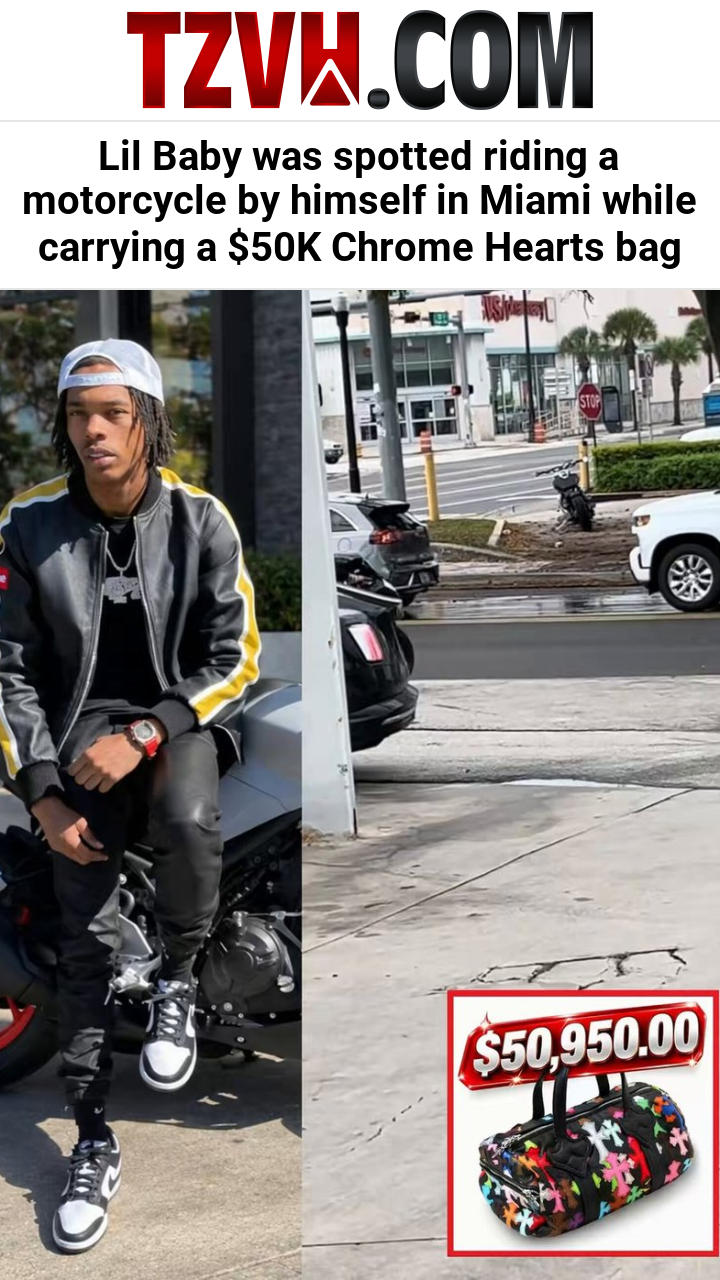 Lil Baby was spotted riding a motorcycle by himself in Miami while carrying a $50K Chrome Hearts bag