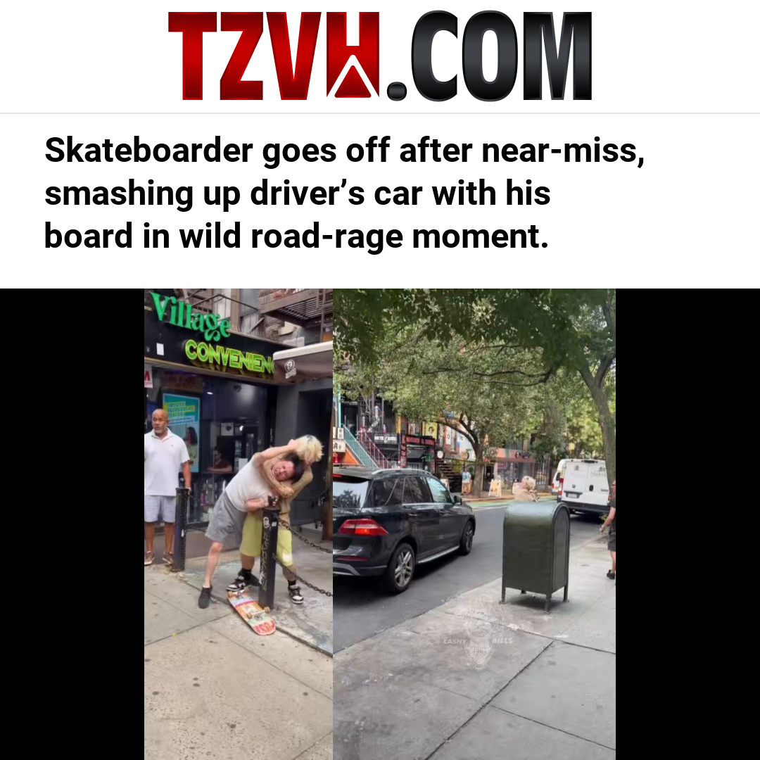 Skateboarder goes off after near-miss, smashing up driver’s car with his board in wild road-rage moment.