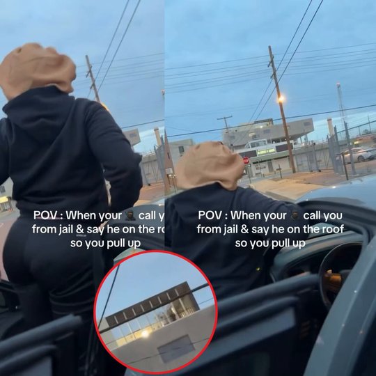 Woman Goes Viral After Pulling Up to Jail as Her Man Climbs on the Roof